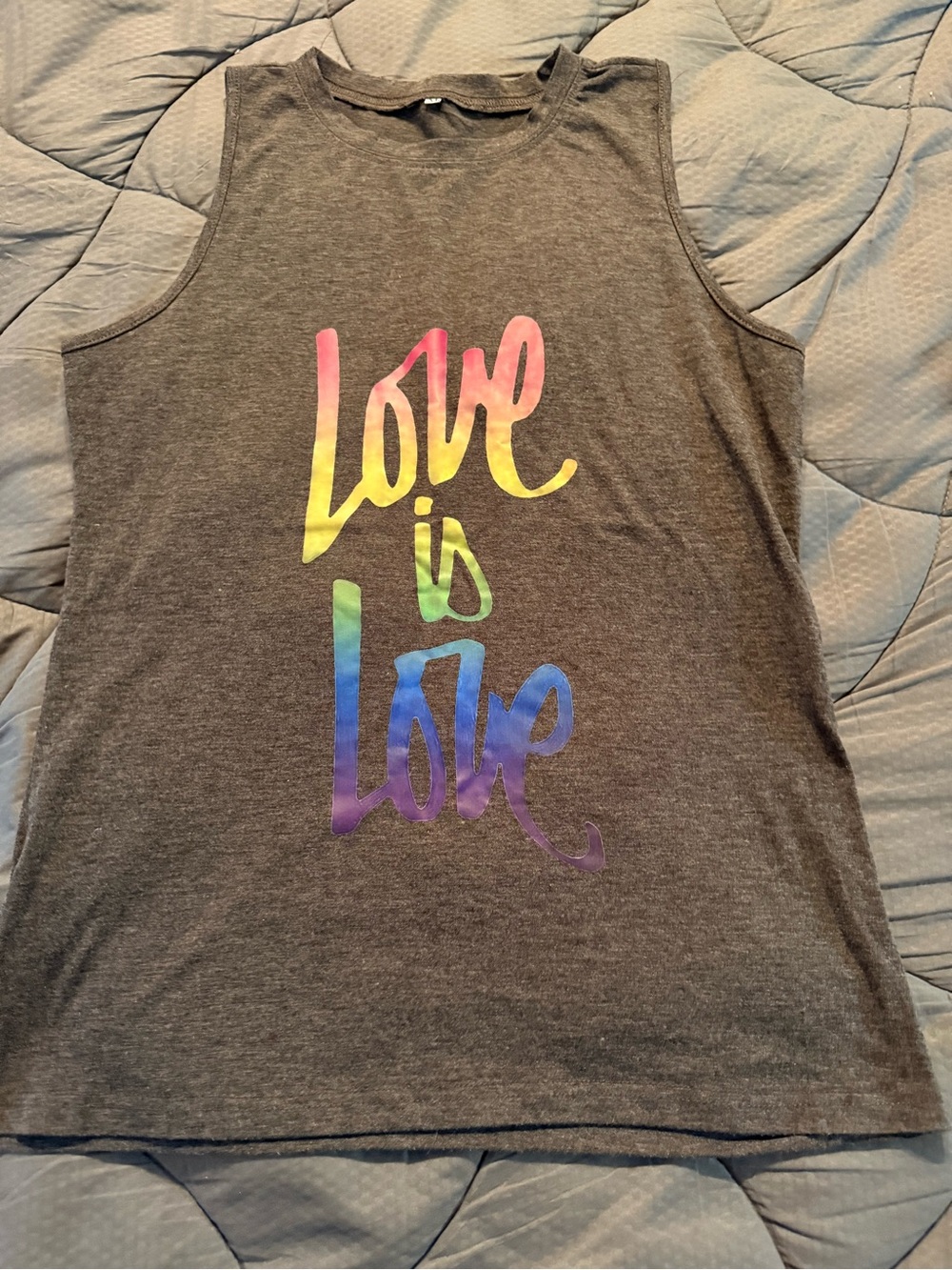 Gray Tank Top with Rainbow "Love is Love" Script